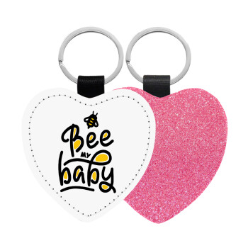 Bee my BABY!!!, Μπρελόκ PU δερμάτινο glitter καρδιά ΡΟΖ