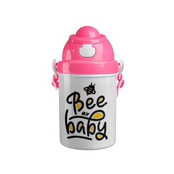 Bee my BABY!!!, Ροζ παιδικό παγούρι πλαστικό (BPA-FREE) με καπάκι ασφαλείας, κορδόνι και καλαμάκι, 400ml