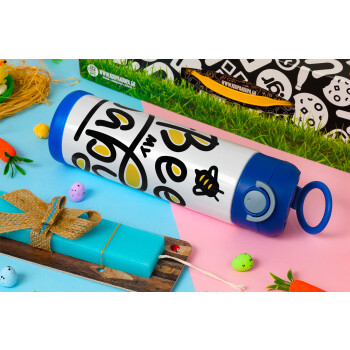 Bee my BABY!!!, Easter candle, Childrens hot water bottle, stainless steel, with safety straw, BLUE (500ml)