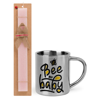 Bee my BABY!!!, Easter Set, metallic thermal cup (300ml) & aromatic flat Easter candle (30cm) (PINK)