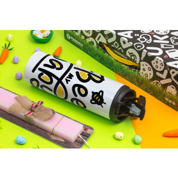 Bee my BABY!!!, Easter candle,Travel Tumbler 2 Lids, with metal straw & cleaning brush & aromatic flat candle (30cm) (PINK)