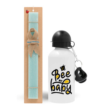 Bee my BABY!!!, Easter Set, metallic aluminum water bottle (500ml) & scented flat candle (30cm) (TURQUOISE)