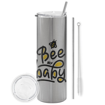 Bee my BABY!!!, Eco friendly ποτήρι θερμό Ασημένιο (tumbler) από ανοξείδωτο ατσάλι 600ml, με μεταλλικό καλαμάκι & βούρτσα καθαρισμού