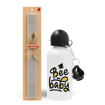 Bee my BABY!!!, Easter Set, metallic aluminum water bottle (500ml) & aromatic flat Easter candle (30cm) (GRAY)