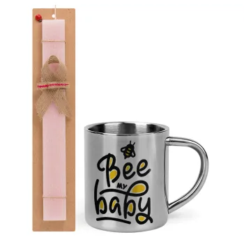 Bee my BABY!!!, Easter Set, metallic thermal cup (300ml) & aromatic flat Easter candle (30cm) (PINK)