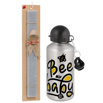 Bee my BABY!!!, Easter Set, metallic silver aluminum water bottle (500ml) & aromatic flat Easter candle (30cm) (GRAY)