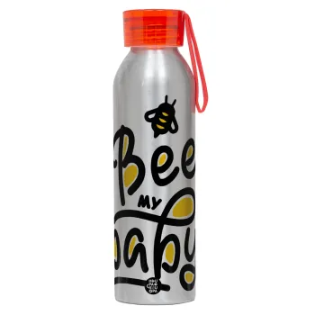 Bee my BABY!!!, Aluminum Sports Bottle 650ml – Silver with Red Cap and Silicone Strap