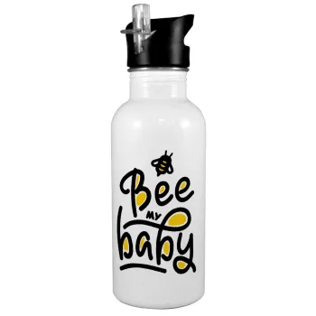 Bee my BABY!!!, White water bottle with straw, stainless steel 600ml
