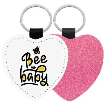 Bee my BABY!!!, Μπρελόκ PU δερμάτινο glitter καρδιά ΡΟΖ