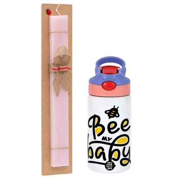 Bee my BABY!!!, Easter Set, Children's thermal stainless steel water bottle with safety straw, pink/purple (350ml) & Easter scented flat candle (30cm) (PINK)