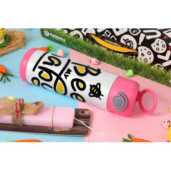 Bee my BABY!!!, Easter candle, Childrens hot water bottle, stainless steel, with safety straw, PINK (500ml)