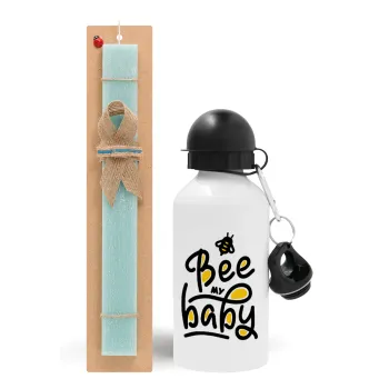 Bee my BABY!!!, Easter Set, metallic aluminum water bottle (500ml) & scented flat candle (30cm) (TURQUOISE)