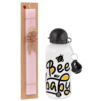 Bee my BABY!!!, Πασχαλινή Λαμπάδα με παγούρι μεταλλικό αλουμινίου (500ml) & κερί αρωματικό πλακέ (30cm) (ΡΟΖ)