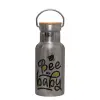 Stainless steel metallic thermos flask, silver with a bamboo lid, double-walled, 350ml.