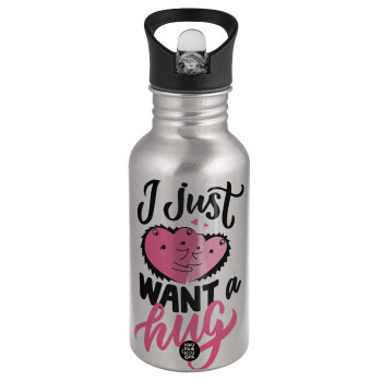 I Just want a hug!, Water bottle Silver with straw, stainless steel 500ml