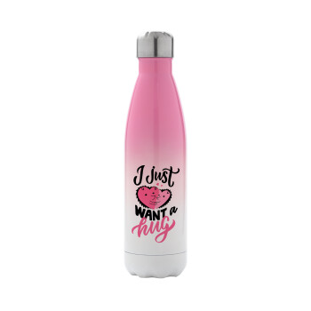I Just want a hug!, Metal mug thermos Pink/White (Stainless steel), double wall, 500ml