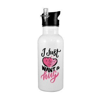 I Just want a hug!, White water bottle with straw, stainless steel 600ml