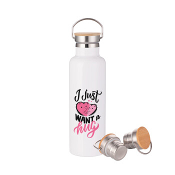 I Just want a hug!, Stainless steel White with wooden lid (bamboo), double wall, 750ml