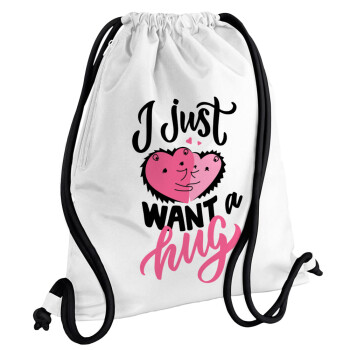 I Just want a hug!, Backpack pouch GYMBAG white, with pocket (40x48cm) & thick cords