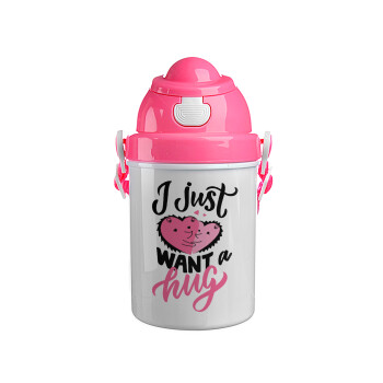 I Just want a hug!, Ροζ παιδικό παγούρι πλαστικό (BPA-FREE) με καπάκι ασφαλείας, κορδόνι και καλαμάκι, 400ml