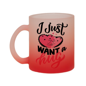 I Just want a hug!, Κούπα γυάλινη δίχρωμη με βάση το κόκκινο ματ, 330ml