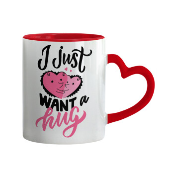 I Just want a hug!, Mug heart red handle, ceramic, 330ml