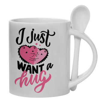 I Just want a hug!, Ceramic coffee mug with Spoon, 330ml (1pcs)