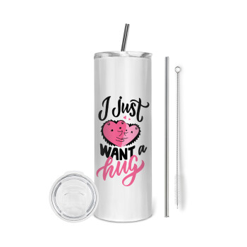 I Just want a hug!, Tumbler ποτήρι θερμό από ανοξείδωτο ατσάλι 600ml, με μεταλλικό καλαμάκι & βούρτσα καθαρισμού
