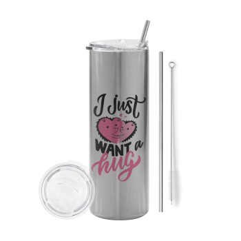 I Just want a hug!, Eco friendly stainless steel Silver tumbler 600ml, with metal straw & cleaning brush