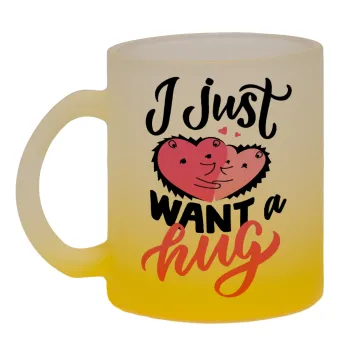 I Just want a hug!, Κούπα γυάλινη δίχρωμη με βάση το κίτρινο ματ, 330ml