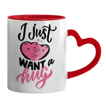 I Just want a hug!, Mug heart red handle, ceramic, 330ml