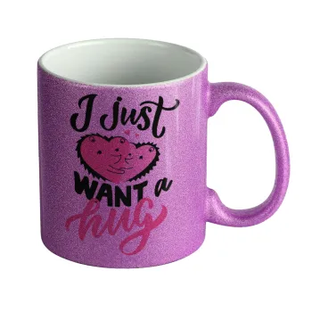 I Just want a hug!, Κούπα Μωβ Glitter που γυαλίζει, κεραμική, 330ml