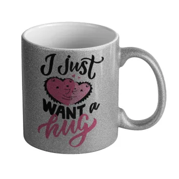 I Just want a hug!, Κούπα Ασημένια Glitter που γυαλίζει, κεραμική, 330ml