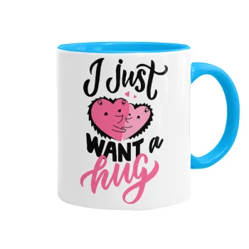 I Just want a hug!, Mug colored light blue, ceramic, 330ml