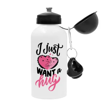 I Just want a hug!, Metal water bottle, White, aluminum 500ml