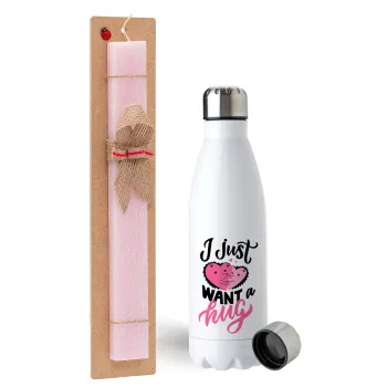I Just want a hug!, Easter Set, metallic stainless steel water bottle (750ml) & scented flat Easter candle (30cm) (PINK)