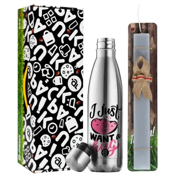 I Just want a hug!, Easter Set, metallic stainless thermos flask (500ml) & scented flat Easter candle (30cm) (GRAY)