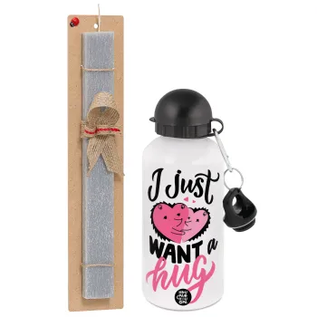 I Just want a hug!, Easter Set, metallic aluminum water bottle (500ml) & aromatic flat Easter candle (30cm) (GRAY)