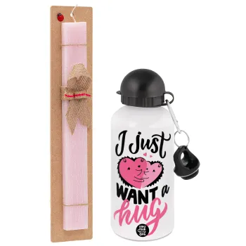 I Just want a hug!, Πασχαλινή Λαμπάδα με παγούρι μεταλλικό αλουμινίου (500ml) & κερί αρωματικό πλακέ (30cm) (ΡΟΖ)