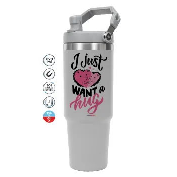 I Just want a hug!, GREY color, 890ml (30oz) stainless Steel Tumbler with Handle