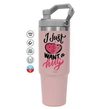 I Just want a hug!, Pink color, 890ml (30oz) stainless Steel Tumbler with Handle