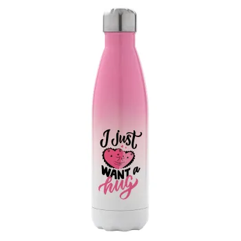I Just want a hug!, Metal mug thermos Pink/White (Stainless steel), double wall, 500ml
