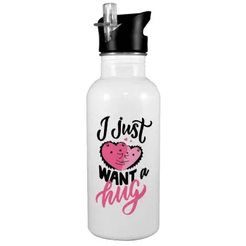 I Just want a hug!, White water bottle with straw, stainless steel 600ml
