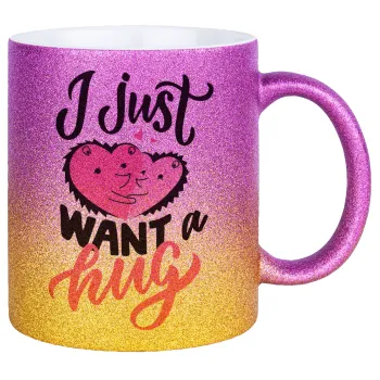 I Just want a hug!, Κούπα Χρυσή/Ροζ Glitter, κεραμική, 330ml