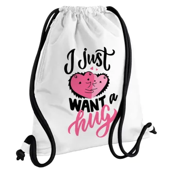 I Just want a hug!, Backpack pouch GYMBAG white, with pocket (40x48cm) & thick cords
