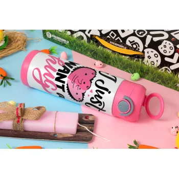 I Just want a hug!, Easter candle, Childrens hot water bottle, stainless steel, with safety straw, PINK (500ml)