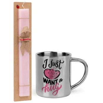 I Just want a hug!, Easter Set, metallic thermal cup (300ml) & aromatic flat Easter candle (30cm) (PINK)