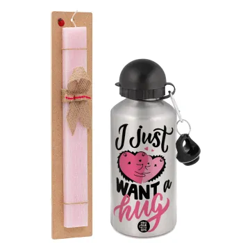 I Just want a hug!, Easter Set, metallic Silver aluminum water bottle (500ml) & scented flat Easter candle (30cm) (PINK)