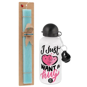 I Just want a hug!, Easter Set, metallic aluminum water bottle (500ml) & scented flat candle (30cm) (TURQUOISE)