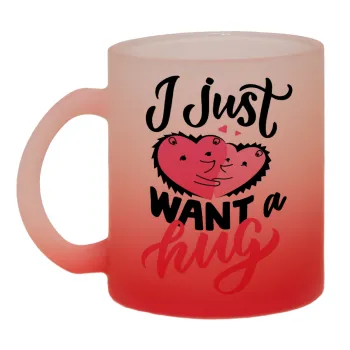 I Just want a hug!, Κούπα γυάλινη δίχρωμη με βάση το κόκκινο ματ, 330ml